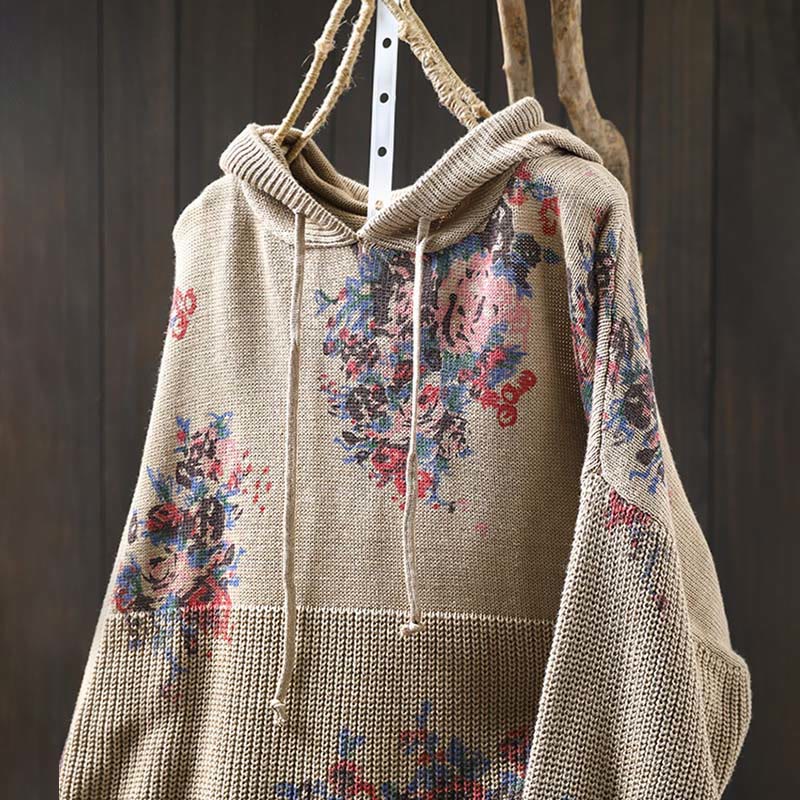 Pull à capuche à manches longues en maille florale Buddha Stones pour femme - image 1