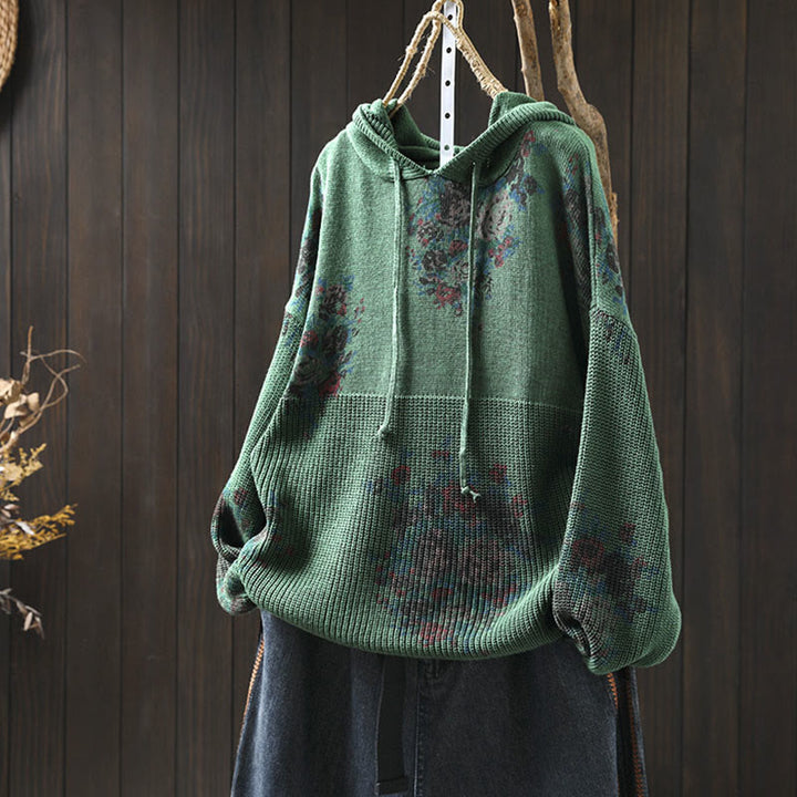 Pull à capuche à manches longues en coton tricoté à motif floral Buddha Stones pour femme - Vert mer moyen - US4-6，UK/AU8-10，EU36-38 (F) - image 10