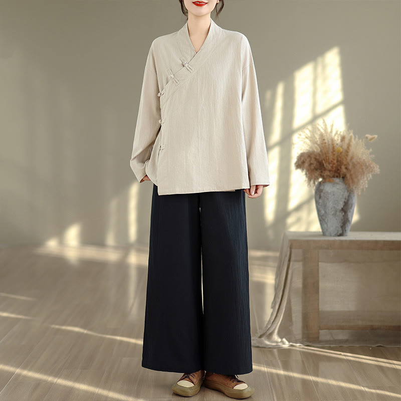 Ensemble de méditation zen pour femme, composé d'un t-shirt à manches longues et col en V et d'un pantalon large, inspiré des Buddha Stones. - Chemise beige et pantalon noir - US8-10，UK/AU12-14，EU40-42 (2XL) - image 0