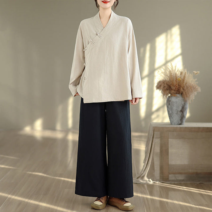 Ensemble de méditation zen pour femme, composé d'un t-shirt à manches longues et col en V et d'un pantalon large, inspiré des Buddha Stones. - Chemise beige et pantalon noir - US8-10，UK/AU12-14，EU40-42 (2XL) - image 0