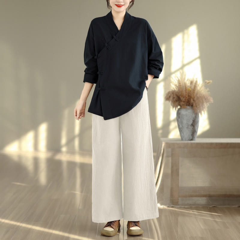 Ensemble de méditation zen pour femme, composé d'un t-shirt à manches longues et col en V et d'un pantalon large, inspiré des Buddha Stones. - Chemise noire et pantalon beige - US8-10，UK/AU12-14，EU40-42 (2XL) - image 11