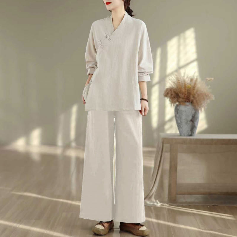 Ensemble de méditation zen pour femme, composé d'un t-shirt à manches longues et col en V et d'un pantalon large, inspiré des Buddha Stones. - Chemise et pantalon beiges - US8-10，UK/AU12-14，EU40-42 (2XL) - image 21