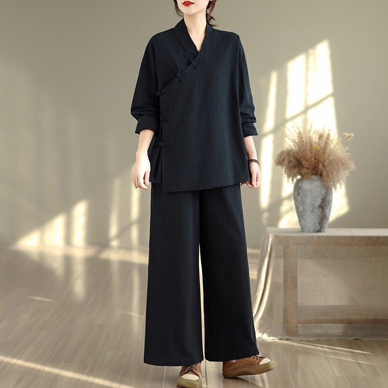 Ensemble de méditation zen pour femme, composé d'un t-shirt à manches longues et col en V et d'un pantalon large, inspiré des Buddha Stones. - Chemise et pantalon noirs - US8-10，UK/AU12-14，EU40-42 (2XL) - image 12