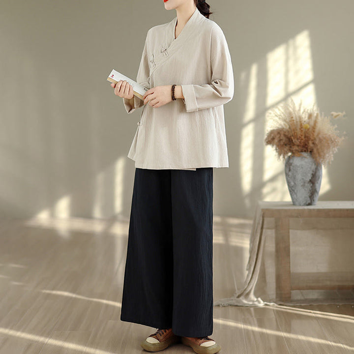 Ensemble de méditation zen pour femme, composé d'un t-shirt à manches longues et col en V et d'un pantalon large, inspiré des Buddha Stones. - image 1