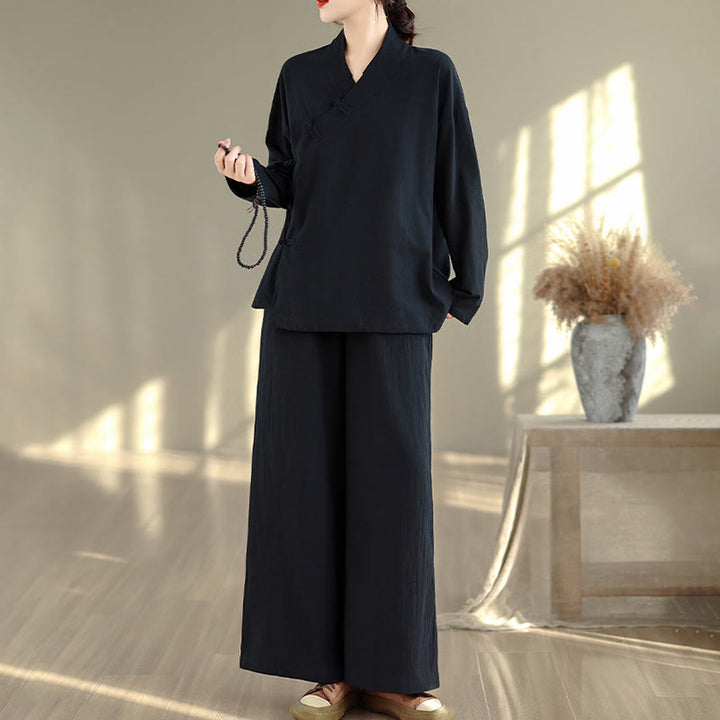 Ensemble de méditation zen pour femme, composé d'un t-shirt à manches longues et col en V et d'un pantalon large, inspiré des Buddha Stones. - image 15