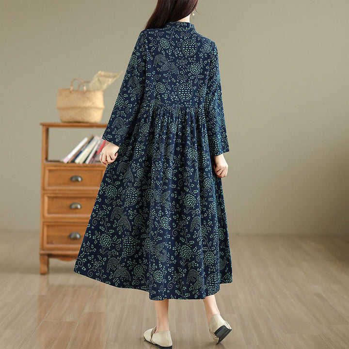 Robe longue maxi en coton à manches longues, col montant et imprimé floral Buddha Stones, avec poches - image 3