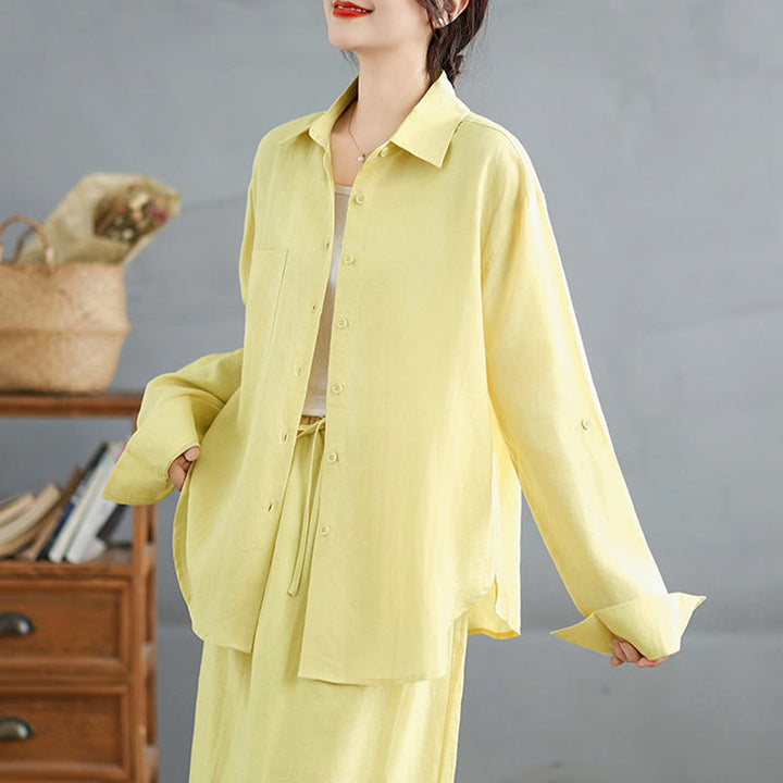 Ensemble 2 pièces en coton avec poches, chemise à manches longues boutonnée et jupe longueur 7-8, Buddha Stones  - image 19