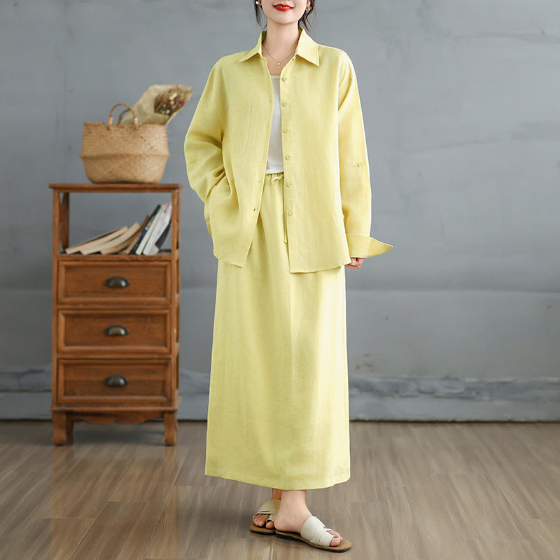 Ensemble 2 pièces en coton avec poches, chemise à manches longues boutonnée et jupe longueur 7-8, Buddha Stones  - Jaune doré clair - US8-10，UK/AU12-14，EU40-42 (2XL) - image 16