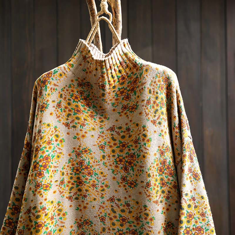 Pull à manches longues et col montant en coton tricoté à motif floral Buddha Stones pour femme - image 2