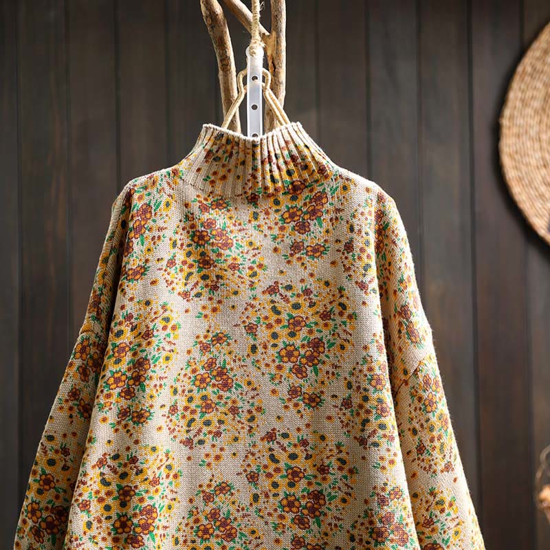 Pull à manches longues et col montant en coton tricoté à motif floral Buddha Stones pour femme - image 4