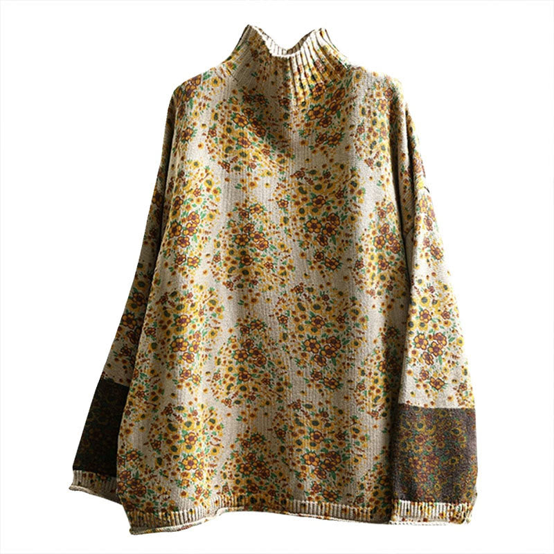 Pull à manches longues et col montant en coton tricoté à motif floral Buddha Stones pour femme - image 11