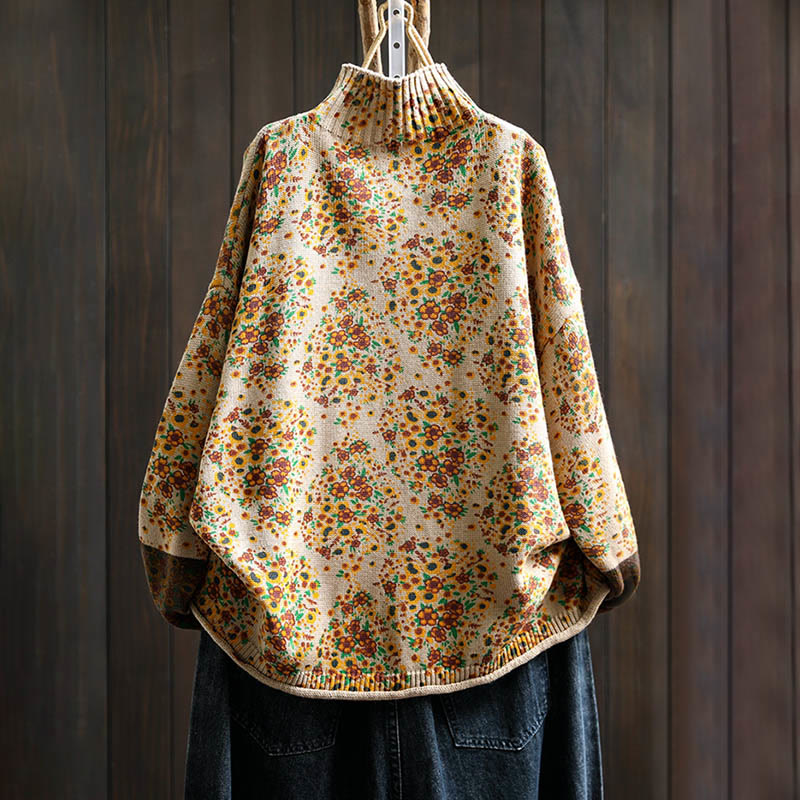 Pull à manches longues et col montant en coton tricoté à motif floral Buddha Stones pour femme - image 1