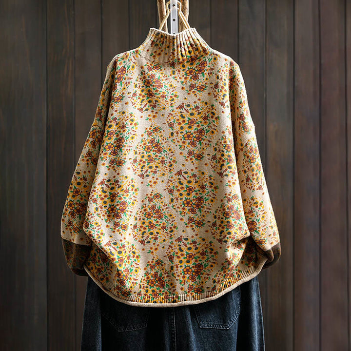 Pull à manches longues et col montant en coton tricoté à motif floral Buddha Stones pour femme - image 1