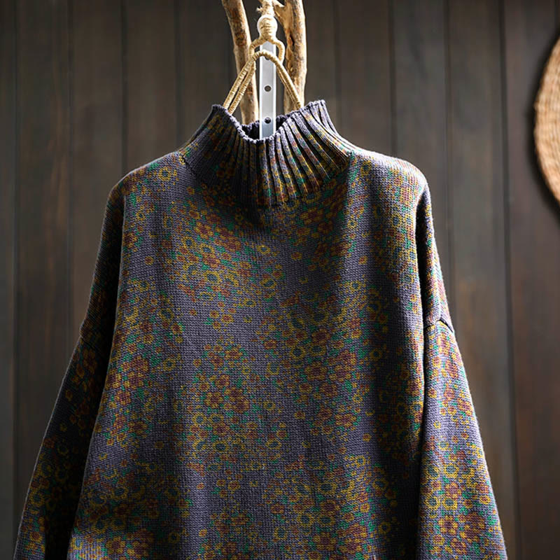 Pull à manches longues et col montant en coton tricoté à motif floral Buddha Stones pour femme - image 19