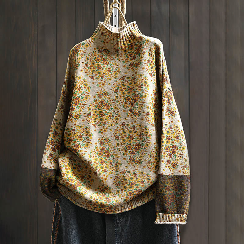 Pull à manches longues et col montant en coton tricoté à motif floral Buddha Stones pour femme - PapayaWhip - US4-6，UK/AU8-10，EU36-38 (F) - image 0