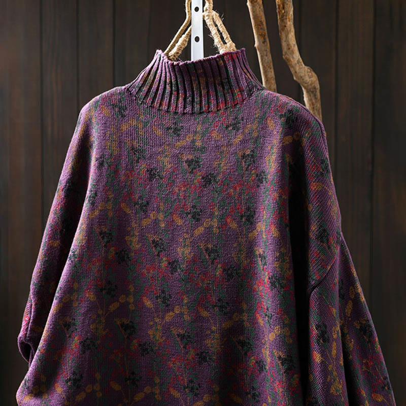 Pull en coton à manches longues et col montant pour femme, motif plantes et Buddha Stones - image 9