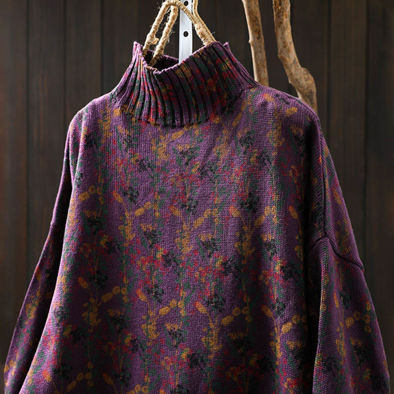 Pull en coton à manches longues et col montant pour femme, motif plantes et Buddha Stones - image 8