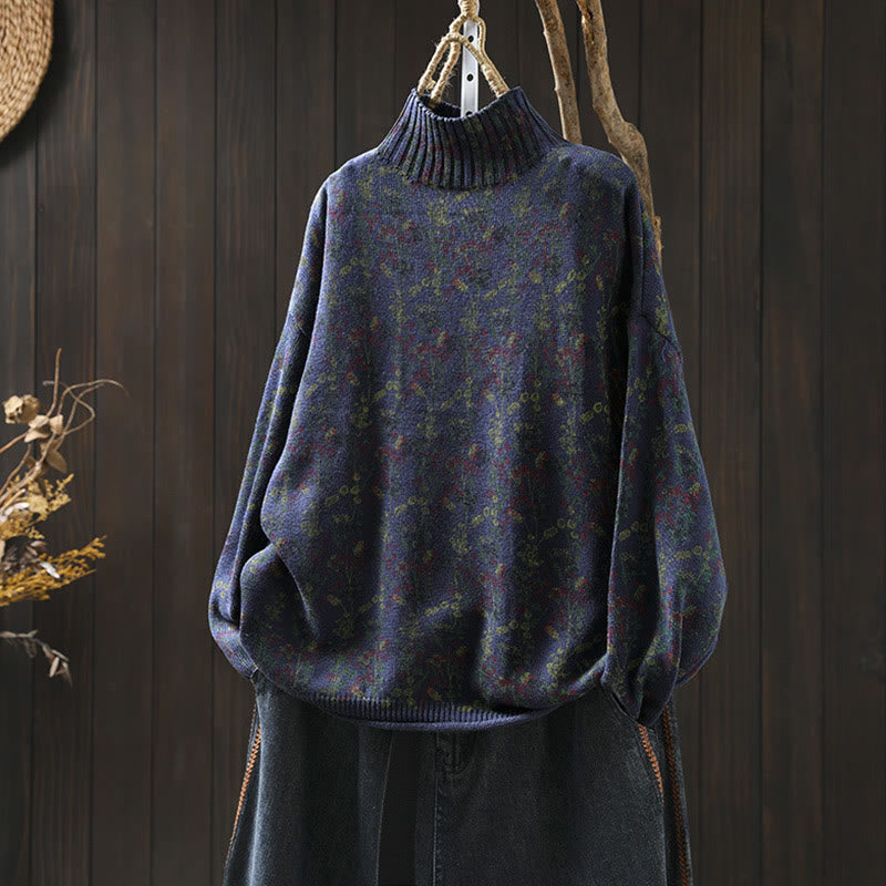 Pull en coton à manches longues et col montant pour femme, motif plantes et Buddha Stones - Bleu ardoise foncé - US4-6，UK/AU8-10，EU36-38 (F) - image 18