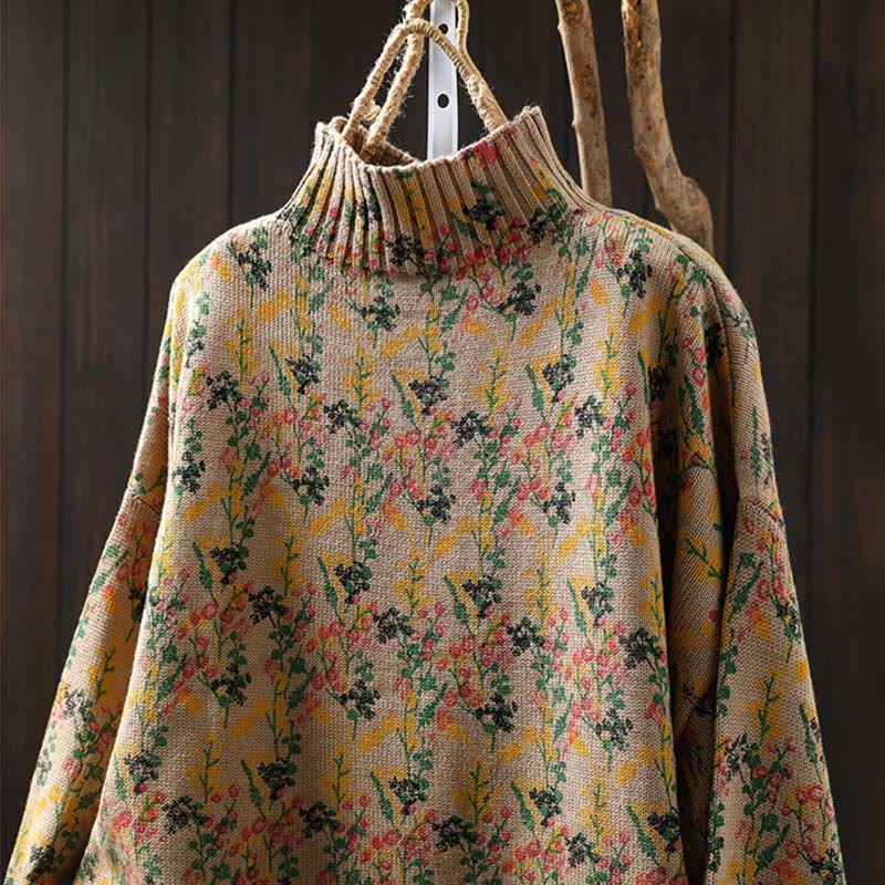 Pull en coton à manches longues et col montant pour femme, motif plantes et Buddha Stones - image 1