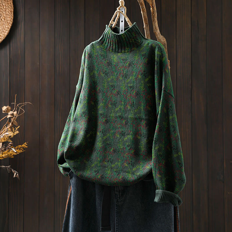 Pull en coton à manches longues et col montant pour femme, motif plantes et Buddha Stones - Vert foncé - US4-6，UK/AU8-10，EU36-38 (F) - image 4
