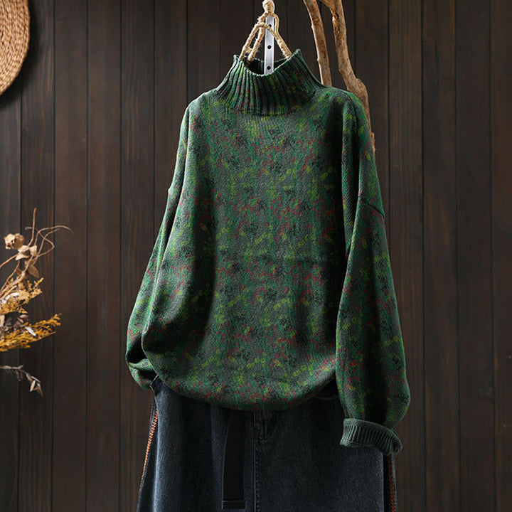 Pull en coton à manches longues et col montant pour femme, motif plantes et Buddha Stones - Vert foncé - US4-6，UK/AU8-10，EU36-38 (F) - image 4