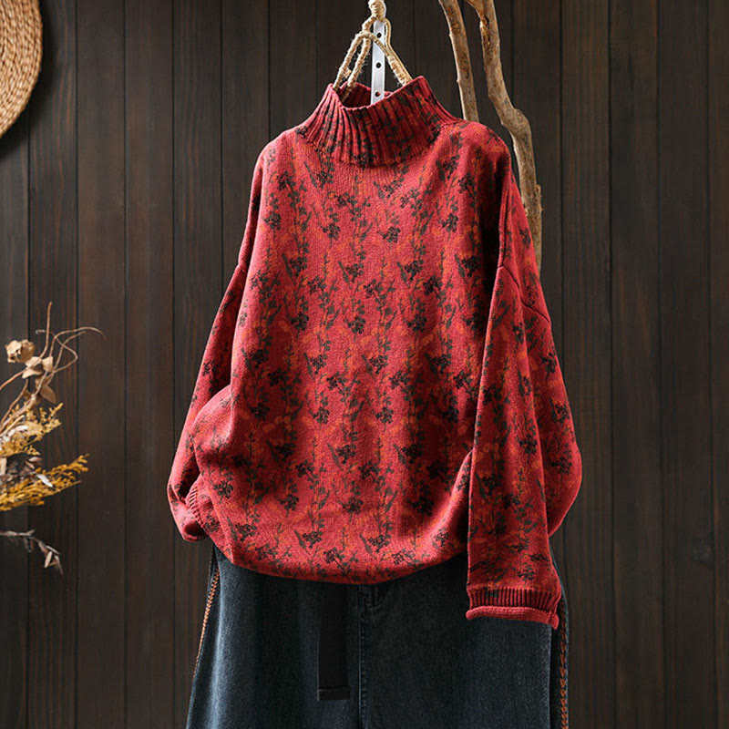 Pull en coton à manches longues et col montant pour femme, motif plantes et Buddha Stones - Rouge - US4-6，UK/AU8-10，EU36-38 (F) - image 20