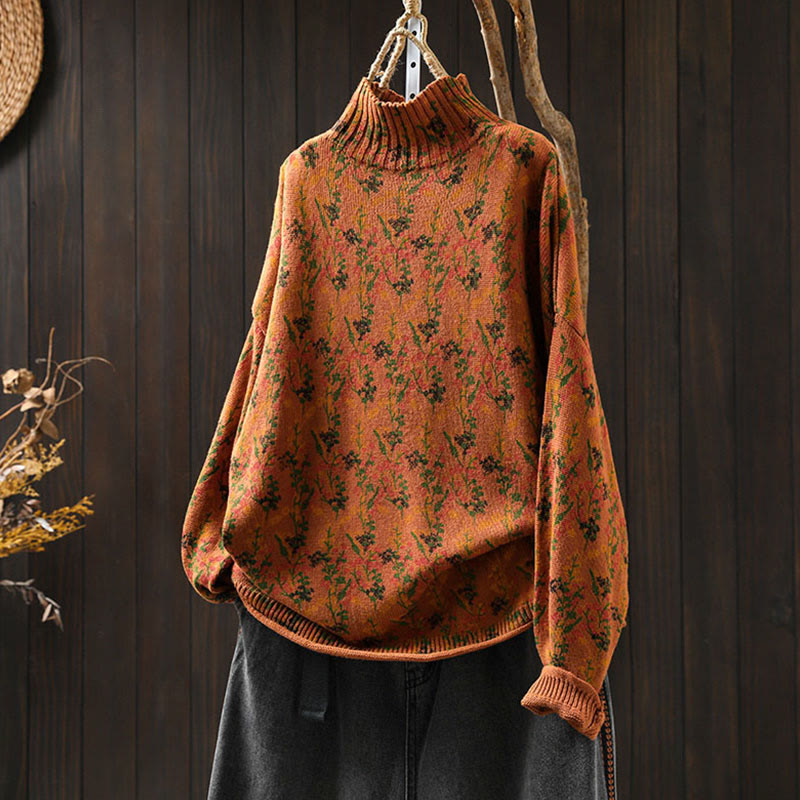 Pull en coton à manches longues et col montant pour femme, motif plantes et Buddha Stones - Orange foncé - US4-6，UK/AU8-10，EU36-38 (F) - image 2