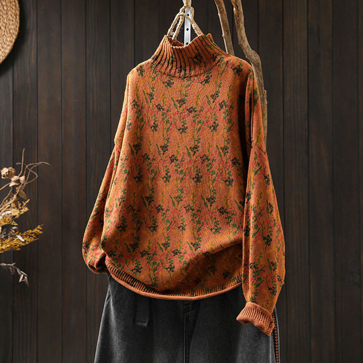 Pull en coton à manches longues et col montant pour femme, motif plantes et Buddha Stones - Orange foncé - US4-6，UK/AU8-10，EU36-38 (F) - image 2