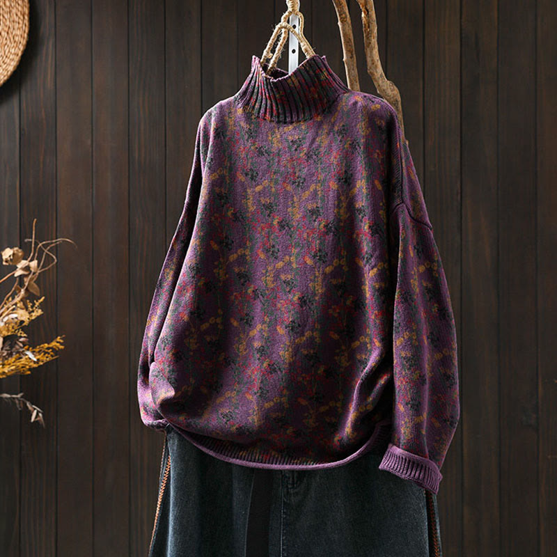 Pull en coton à manches longues et col montant pour femme, motif plantes et Buddha Stones - Magenta foncé - US4-6，UK/AU8-10，EU36-38 (F) - image 6