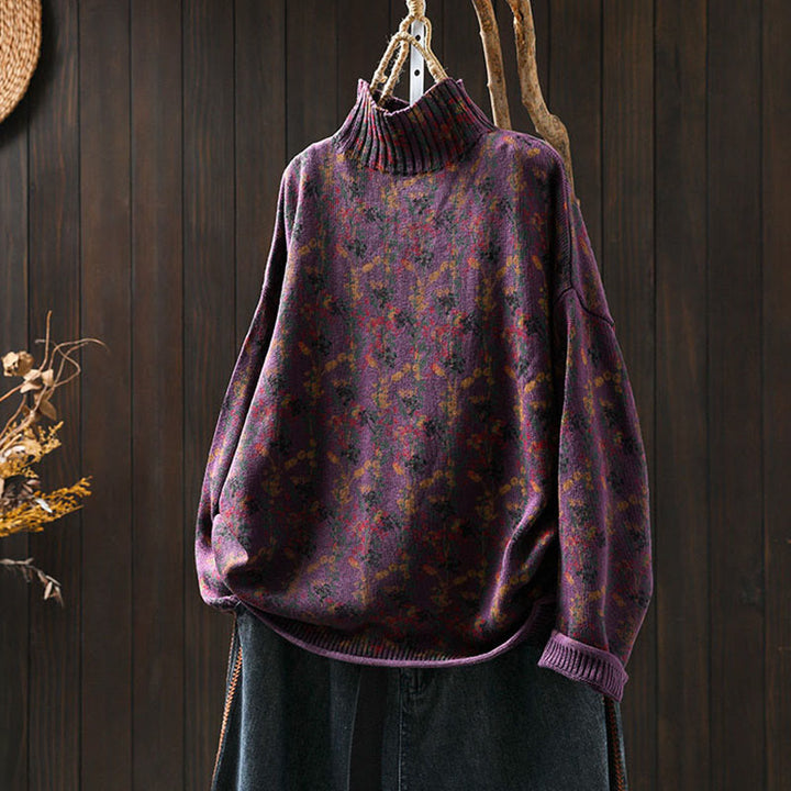 Pull en coton à manches longues et col montant pour femme, motif plantes et Buddha Stones - Magenta foncé - US4-6，UK/AU8-10，EU36-38 (F) - image 6