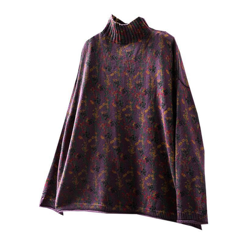 Pull en coton à manches longues et col montant pour femme, motif plantes et Buddha Stones - image 17