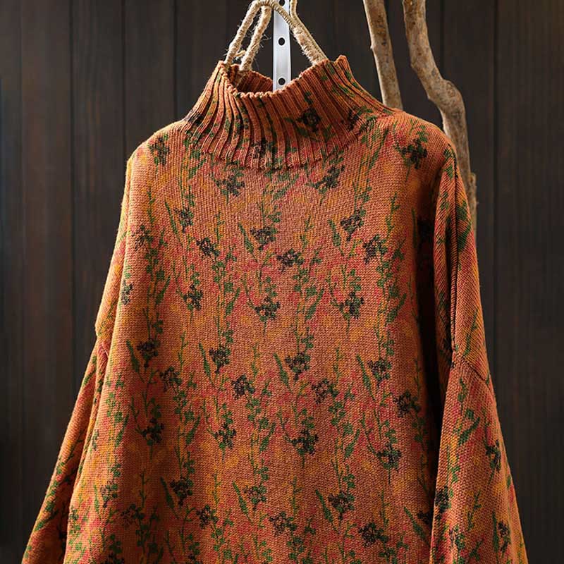 Pull en coton à manches longues et col montant pour femme, motif plantes et Buddha Stones - image 3