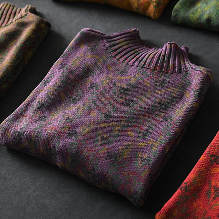 Pull en coton à manches longues et col montant pour femme, motif plantes et Buddha Stones - image 16