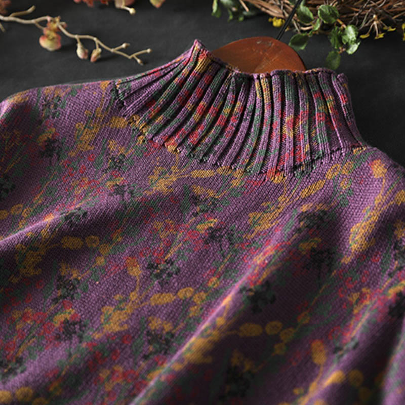 Pull en coton à manches longues et col montant pour femme, motif plantes et Buddha Stones - image 10