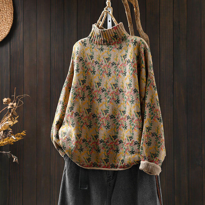 Pull en coton à manches longues et col montant pour femme, motif plantes et Buddha Stones - BurlyWood - US4-6，UK/AU8-10，EU36-38 (F) - image 0