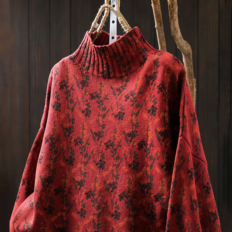 Pull en coton à manches longues et col montant pour femme, motif plantes et Buddha Stones - image 21