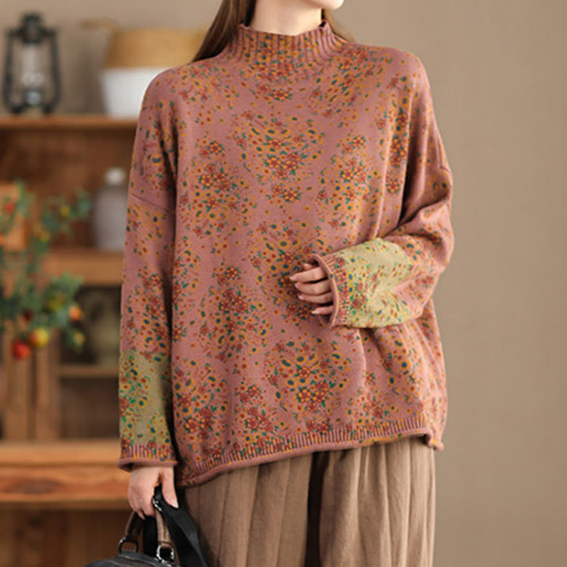 Pull en maille pour femme à manches longues et col montant, imprimé floral et Buddha Stones, motif automne - image 1