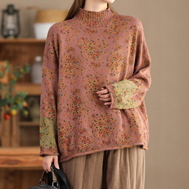 Pull en maille pour femme à manches longues et col montant, imprimé floral et Buddha Stones, motif automne - image 1