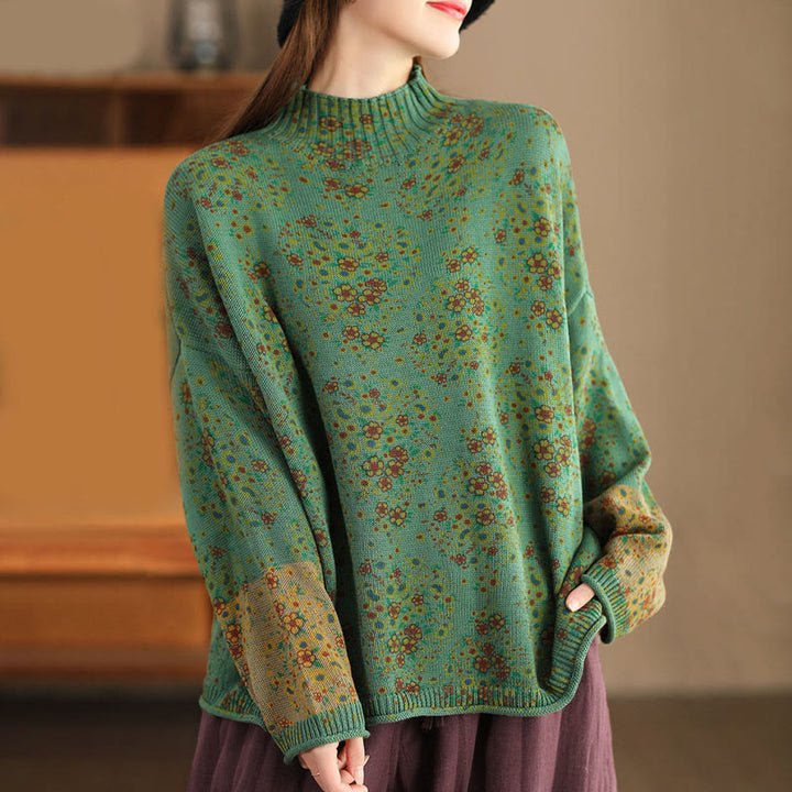 Pull en maille pour femme à manches longues et col montant, imprimé floral et Buddha Stones, motif automne - image 17