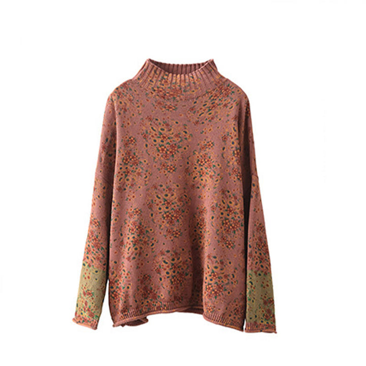 Pull en maille pour femme à manches longues et col montant, imprimé floral et Buddha Stones, motif automne - image 8