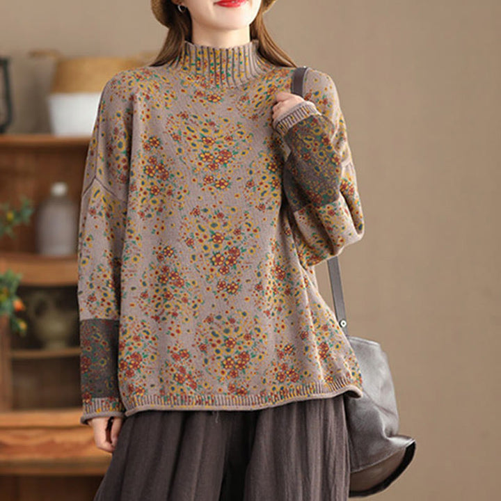 Pull en maille pour femme à manches longues et col montant, imprimé floral et Buddha Stones, motif automne - image 13