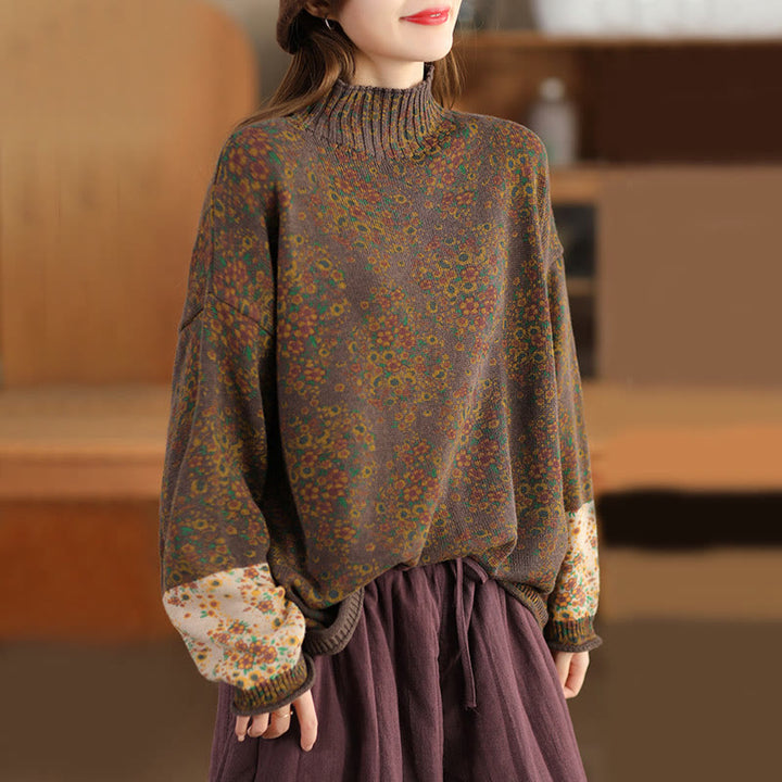 Pull en maille pour femme à manches longues et col montant, imprimé floral et Buddha Stones, motif automne - SaddleBrown - US4-12，UK/AU8-16，EU36-44 (F) - image 18