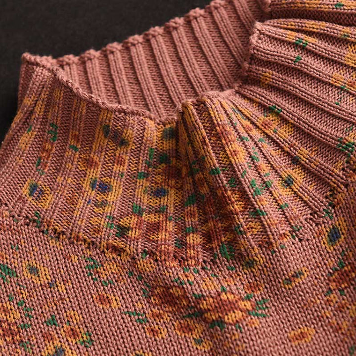 Pull en maille pour femme à manches longues et col montant, imprimé floral et Buddha Stones, motif automne - image 3