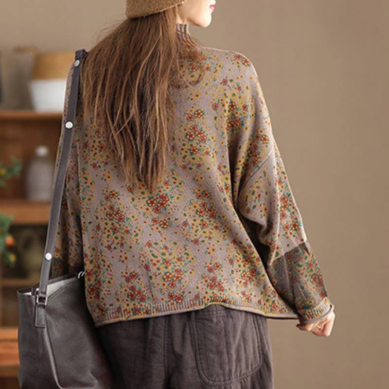 Pull en maille pour femme à manches longues et col montant, imprimé floral et Buddha Stones, motif automne - image 11