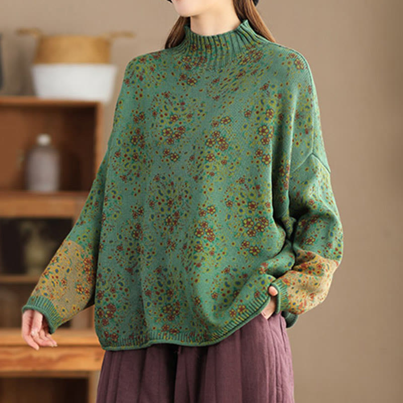 Pull en maille pour femme à manches longues et col montant, imprimé floral et Buddha Stones, motif automne - image 16