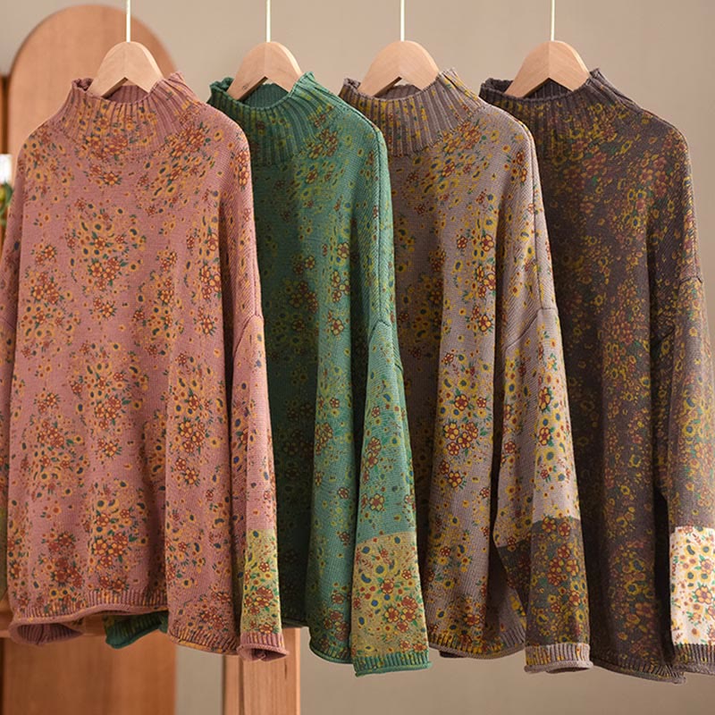 Pull en coton tricoté pour femme, imprimé floral automnal, manches longues et col montant, Buddha Stones - image 19