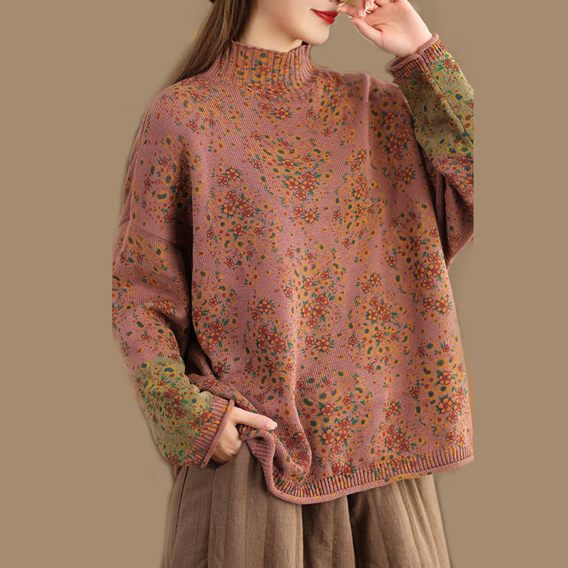 Pull en maille pour femme à manches longues et col montant, imprimé floral et Buddha Stones, motif automne - image 2