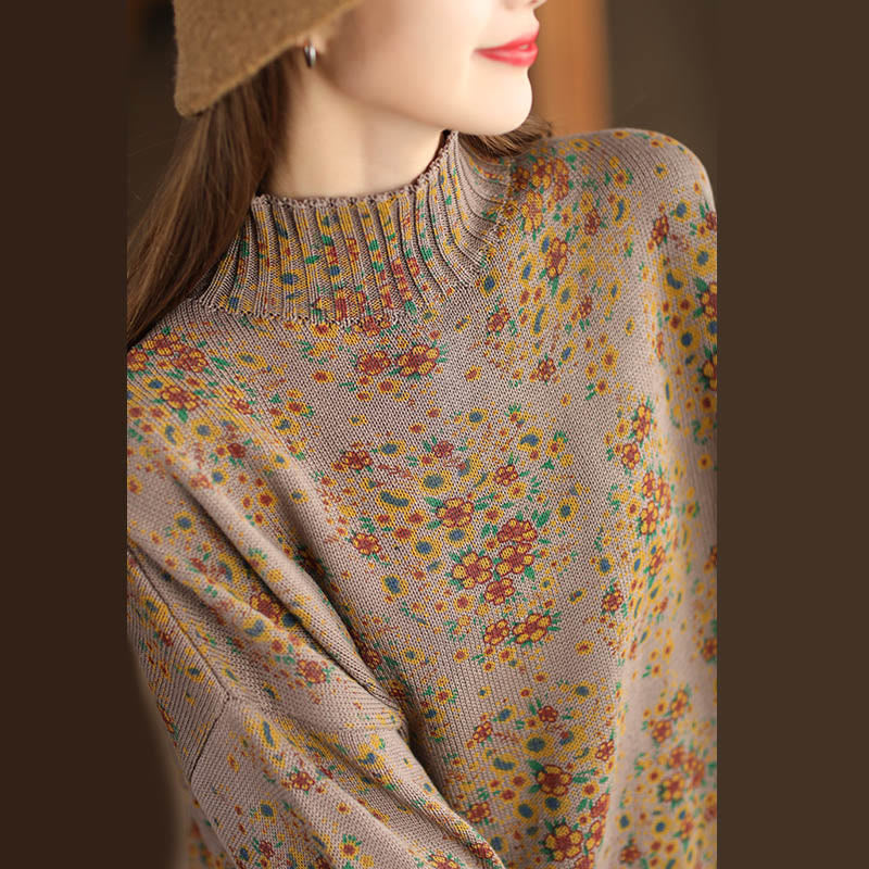 Pull en maille pour femme à manches longues et col montant, imprimé floral et Buddha Stones, motif automne - image 14