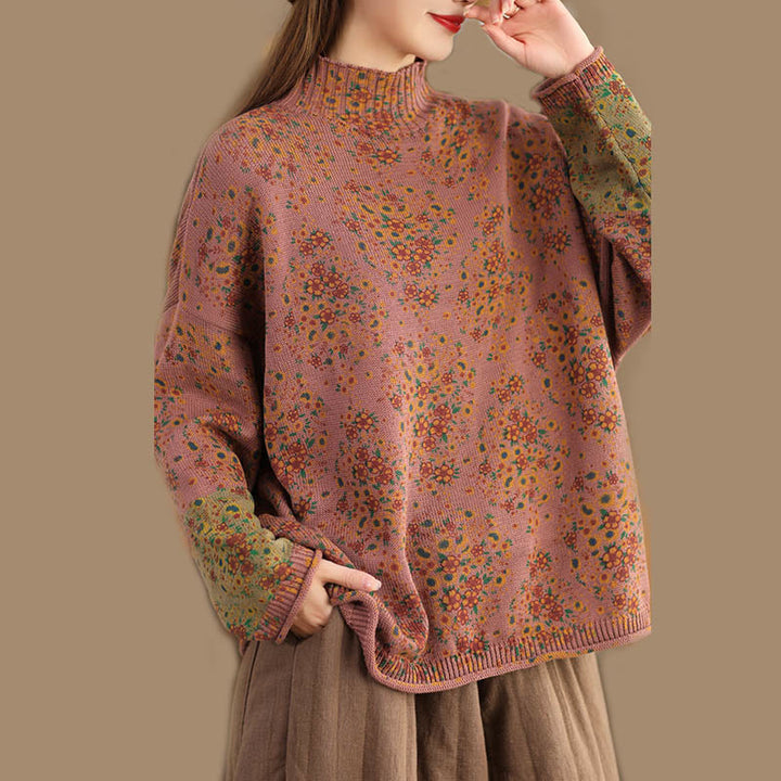 Pull en maille pour femme à manches longues et col montant, imprimé floral et Buddha Stones, motif automne - image 2