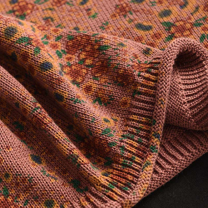 Pull en maille pour femme à manches longues et col montant, imprimé floral et Buddha Stones, motif automne - image 4